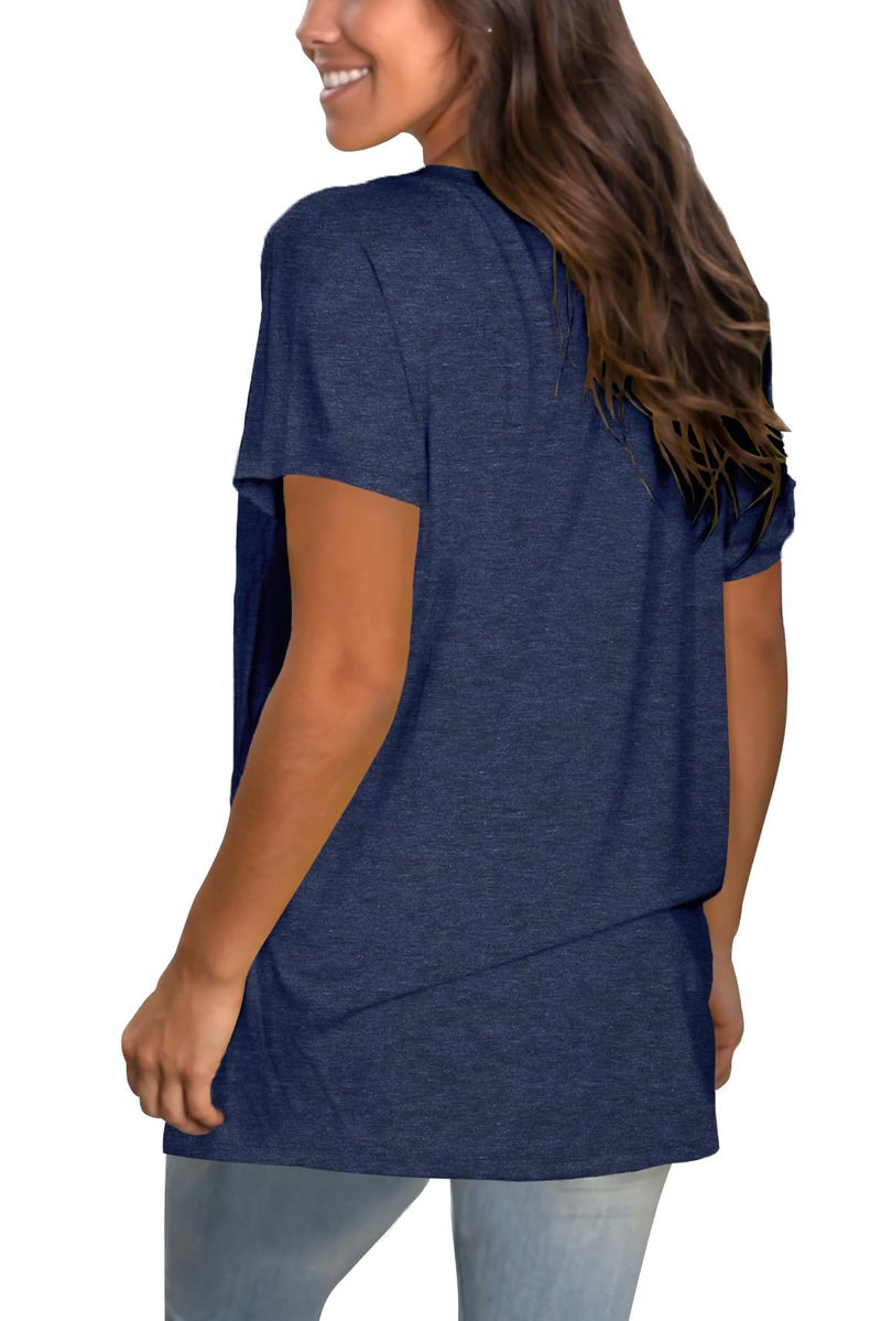 Sipaya Spring T Shirts for Women V Neck Solid Color Tee Cute Short Sleeve Tops Navy Blue M - Image 4